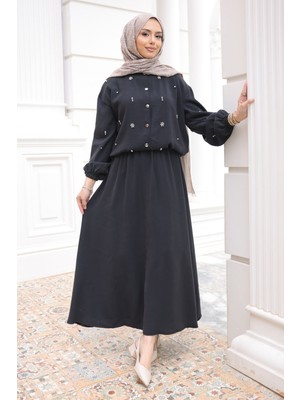 İmaj Butik Siyah Kol ve Bel Lastikli Taşlı Ceket Etekli Takım
