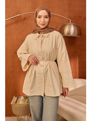 İmaj Butik Krem Düğmeli Geniş Kol Bel Bağlamalı Tunik
