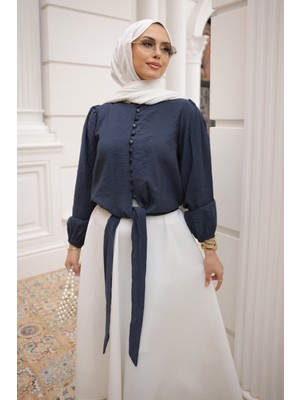 İmaj Butik Lacivert Bel Bağlamalı Düğmeli Gömlek
