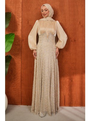 İmaj Butik Bej Boncuk Işlemeli Balık Model Abiye