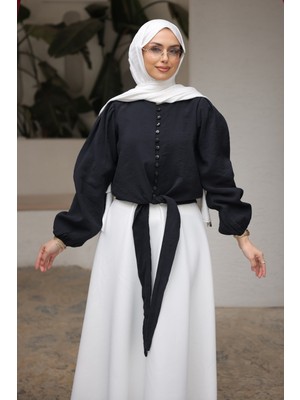 İmaj Butik Siyah Bel Bağlamalı Düğmeli Gömlek