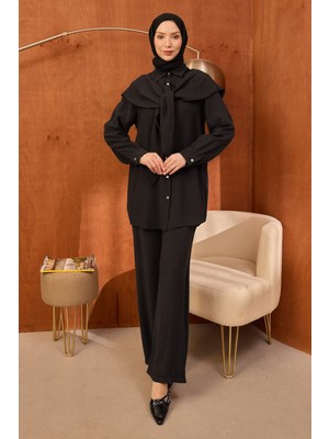 İmaj Butik Siyah Şal Detaylı Tunik Pantolonlu Takım