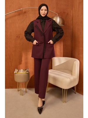İmaj Butik Mürdüm Dantel Detaylı Yelek Pantolonlu Takım