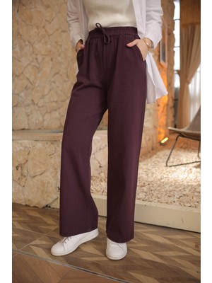 İmaj Butik Mor Bel Lastikli Bol Paça Gabardin Pantolon