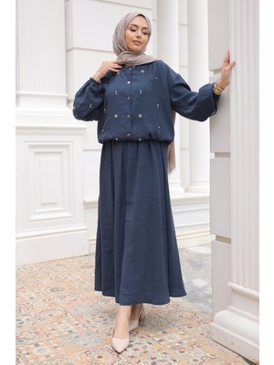 İmaj Butik Lacivert Kol ve Bel Lastikli Taşlı Ceket Etekli Takım