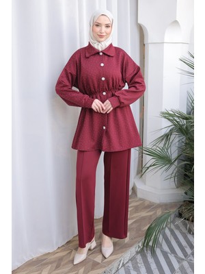 İmaj Butik Bordo Taş Detaylı Bel Lastikli Tunik Pantolonlu Scuba Takım