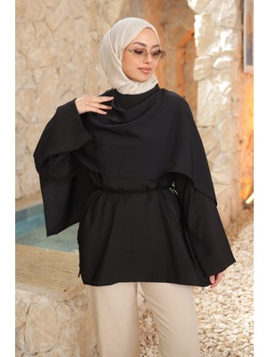 İmaj Butik Siyah Şal Detay Bel Bağlamalı Tunik