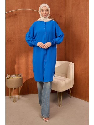 İmaj Butik Saks Mavi Kolları Nervürlü Linda Tunik