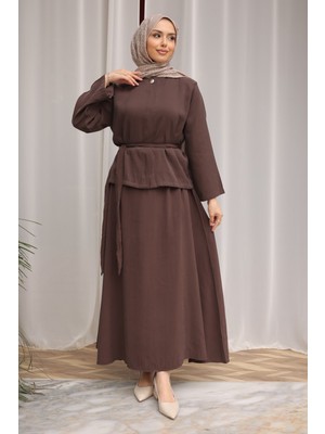 İmaj Butik Kahverengi Gizli Düğmeli Bel Kuşaklı Gömlek Etekli Takım