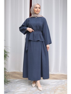 İmaj Butik Lacivert Gizli Düğmeli Bel Kuşaklı Gömlek Etekli Takım
