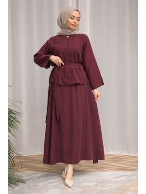 İmaj Butik Bordo Gizli Düğmeli Bel Kuşaklı Gömlek Etekli Takım