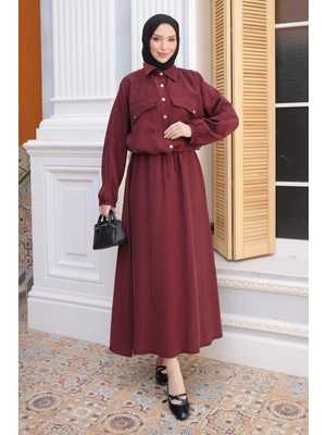 İmaj Butik Bordo Yarasa Kol Asimetrik Cepli Ceket Etekli Takım