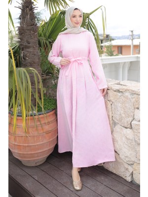 İmaj Butik Pembe Ön Etek Pileli Belden  Bağlamalı Modal Dokuma Elbise