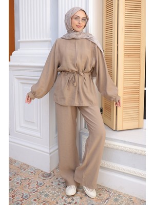 İmaj Butik Vizon Bel Bağlamalı Tunik Pantolonlu Takım