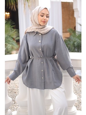 İmaj Butik Antrasit Bel Bağlamalı Düğmeli Gömlek