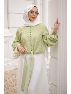 İmaj Butik Yeşil Bel Bağlamalı Düğmeli Gömlek