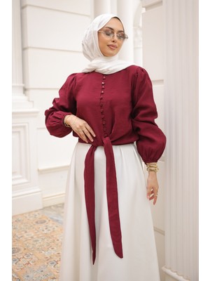İmaj Butik Bordo Bel Bağlamalı Düğmeli Gömlek