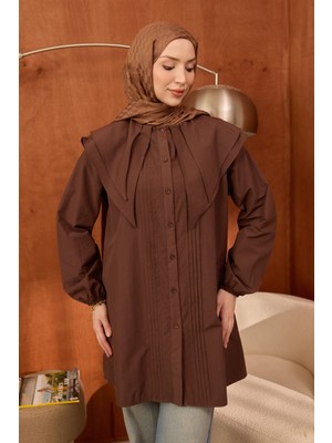 İmaj Butik Kahverengi Önü Nervürlü Çift Yakalı Poplin Tunik