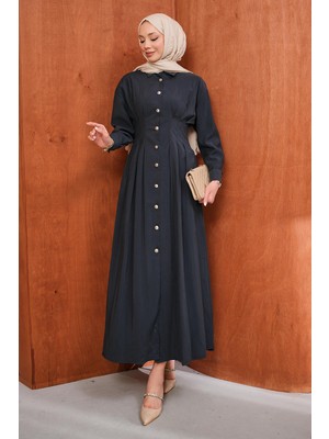 İmaj Butik Antrasit Düğmeli Pileli Elbise
