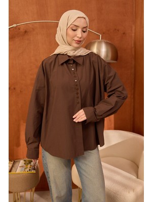 İmaj Butik Kahverengi Düğmeli Asimetrik Kesim Terikoton Gömlek