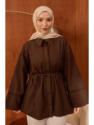 İmaj Butik Kahverengi Düğmeli Geniş Kol Bel Bağlamalı Tunik