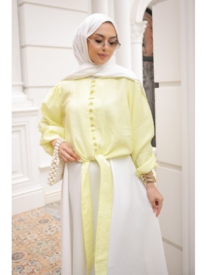 İmaj Butik Sarı Bel Bağlamalı Düğmeli Gömlek