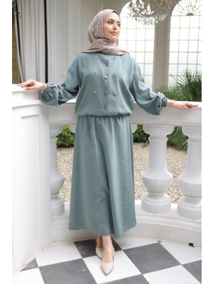 İmaj Butik Çağla Kol ve Bel Lastikli Taşlı Ceket Etekli Takım