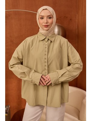 İmaj Butik Yeşil Düğmeli Asimetrik Kesim Terikoton Gömlek