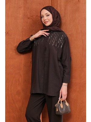 İmaj Butik Kahverengi Pul Payet Işlemeli Gömlek