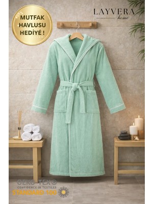 Layvera Çağla Yeşili Bornoz Kadın-Erkek | %100 Pamuk-Kapüşonlu-Biyeli-Cepli-Mint Green