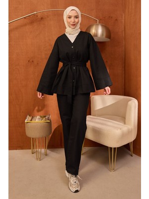 İmaj Butik Siyah Kuşaklı Ceket Pantolonlu Gabardin Takım