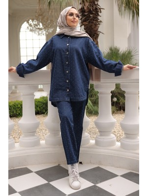 İmaj Butik Lacivert Taşlı Kot Ceket Pantolonlu Takım