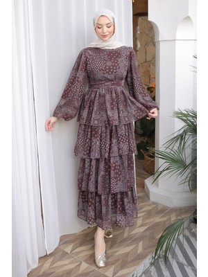 İmaj Butik Acı Kahve Eteği Katlı Desenli Şifon Elbise