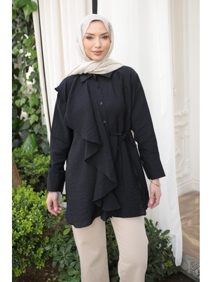 İmaj Butik Siyah Önü Fırfır Detaylı Gömlek