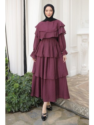 İmaj Butik Mürdüm Yakalı Katlı Beli Lastikli Elbise