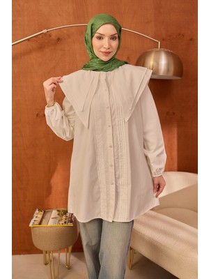 İmaj Butik Beyaz Önü Nervürlü Çift Yakalı Poplin Tunik