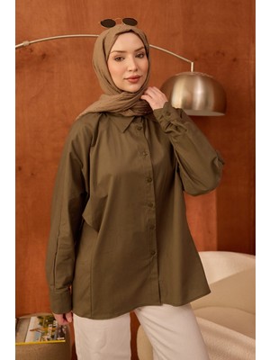 İmaj Butik Haki Düğmeli  Yarasa Kol Terikoton Gömlek