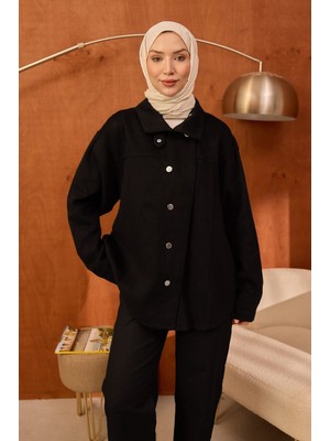 İmaj Butik Siyah Kravuze Yaka Düğmeli Oversize Kot Ceket