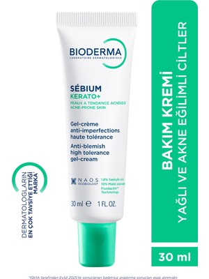 Bioderma Sebium Kerato+ Sivilce, Akne Lekesi Karşıtı AHA, BHA, Salisilik Asit İçeren Nemlendirici Krem 30ml