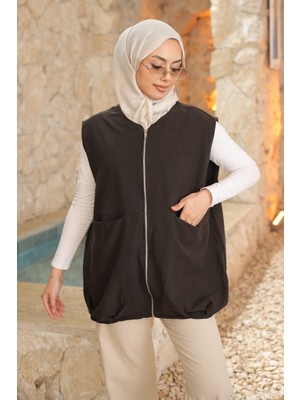 İmaj Butik Kahverengi Fermuarlı Cepli Yelek