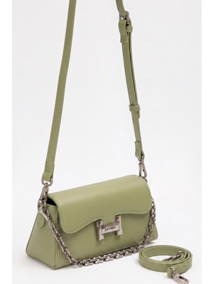 Lale Butik Levidor Premium Çift Askılı Çıtçıt Detay Deri Çanta 930405 Küf Yeşil