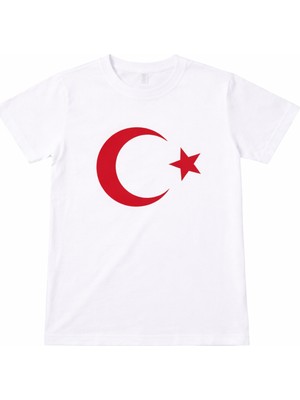 Herşey Nota Unisex Çocuk Ay Yıldız Türk Bayrak Desenli Beyaz Tişört – 23 Nisan Okul Gösterisi 3-14 Yaş