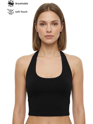 Cottonhill Siyah Viskon Halter Yaka Sırt Dekolteli Kadın Crop Atlet
