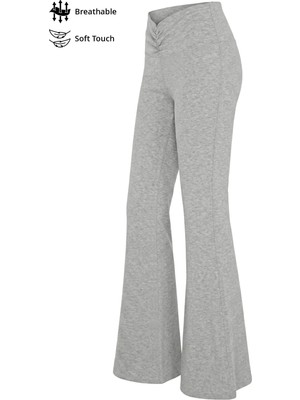 Cottonhill Gri Melanj Viskon Yüksek Bel Önü Büzgülü Ispanyol Paça Kadın Pantolon Flared