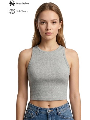 Cottonhill Gri Melanj Viskon Bisiklet Yaka Kolsuz Kadın Crop Atlet