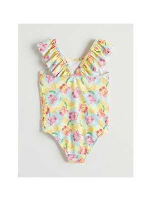 LC Waikiki Sarı Fırfırlı Desenli Kız Çocuk Mayo