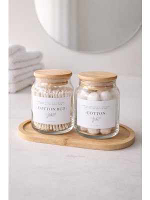 Mottogo Bambu Kapaklı Cam Banyo Düzenleyici Pamukluk Seti