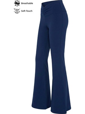 Cottonhill Lacivert Viskon Yüksek Bel Önü Büzgülü Ispanyol Paça Kadın Pantolon Flared