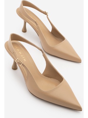 Marjin Kadın Stiletto Sivri Burun Ayarlanabilir Kalın Bantlı Atkılı Kısa Klasik Topuklu Ayakkabı Riyona Bej