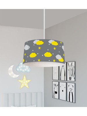 PremiumPort Gri ve Sarı Renkli Bulut ve Yıldız Desenli Bebek Odası Avizesi